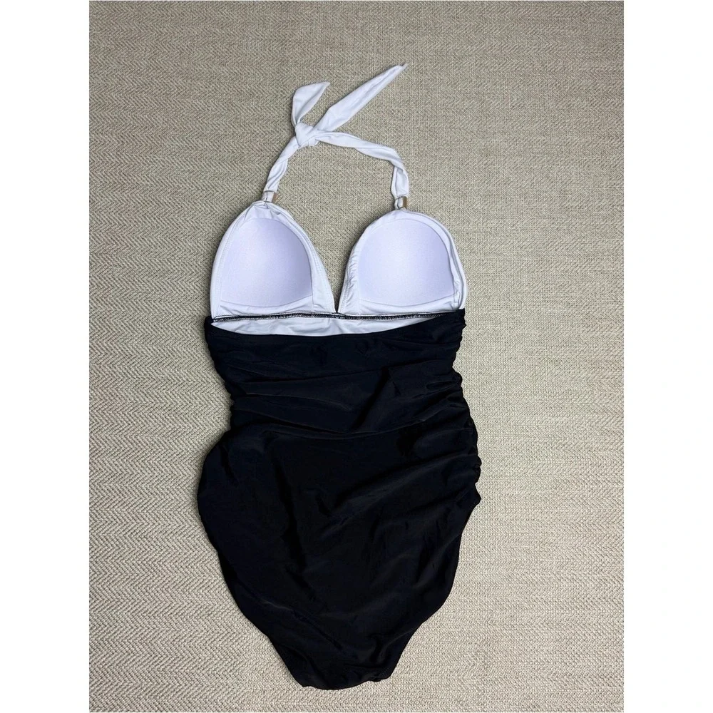 NWOT White & Black Halter One-Piece Swimsuit with gold accents size Medium